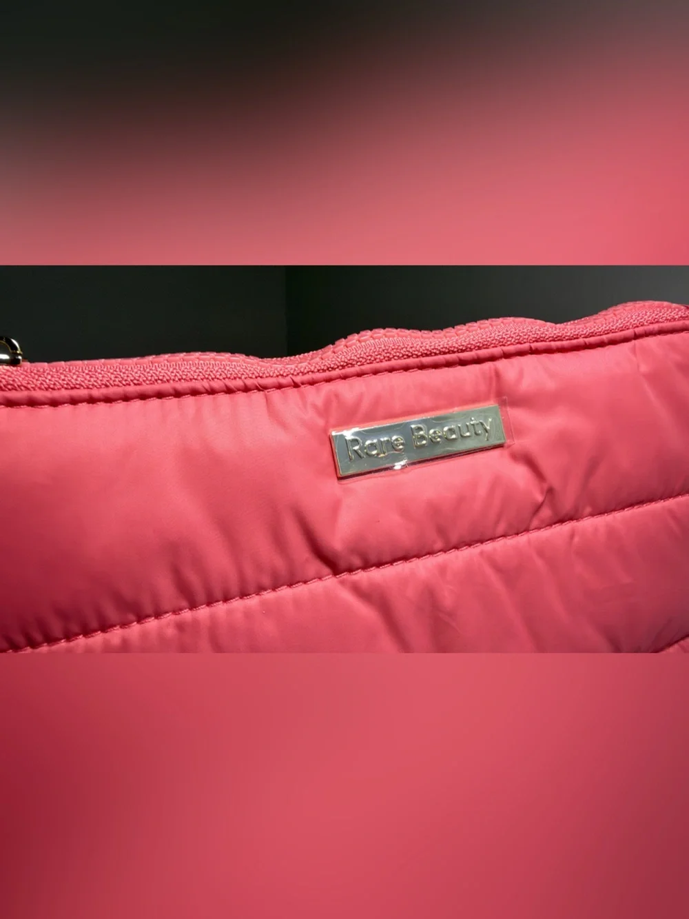 New,unused & authentic Rare Beauty Coral Pink Quilted Cosmetic Bag with samples